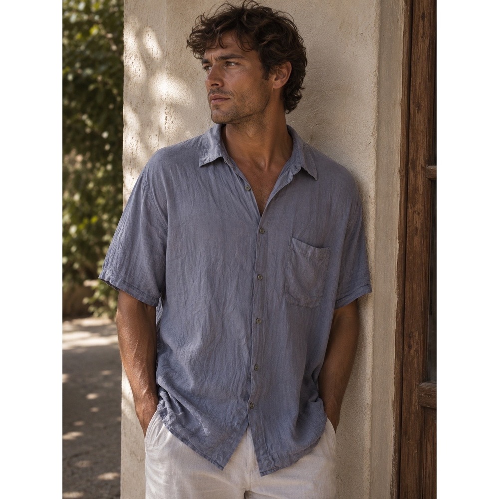 Perry Ellis Mens Silk Rayon Short Sleeve Button Down Shirt Blue Grey Medium